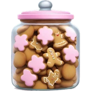 Realistic glass cookie jar with light pink lid full of gingerbread cookies isolated.  sticker