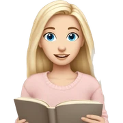 Pretty blue eyed white girl with light pink sweater reading cozy sticker