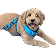 a focused dog with collar sticker