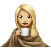 Blond straight hair girl sitting with her cozy coffee  and beige blanket sticker