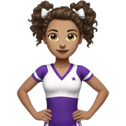 Brunette Cheerleader in white  and purple, curly hair in a high ponytail with a white and purple bow. Medium skin tone  sticker