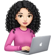 pretty brunnet woman with pink clothes and long mid length black curly hair with laptop  sticker
