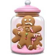 Realistic glass cookie jar with light pink lid full of gingerbread cookies isolated.  sticker