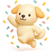 puppy jumping in confetti with paw up, vinyl figure style sticker