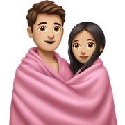 white boy with dark brown hair and asian girl cuddling in pink blankets sticker