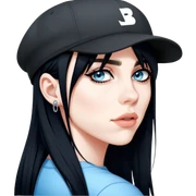 billie eilish wearing backwards cap, black hair, black eyeliner, light blue eyes sticker