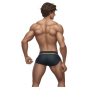 Jacob Elordi in a jock, backwards view, stretching glutes sticker