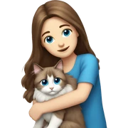 girl with brown hair and hug ragdoll cat with blue eye sticker