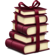 burgundy books stacked up and tied together by a burgundy bow sticker