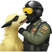 Yellow army Pilot with black mask googles, and then a big sergal kissing him sticker