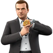 dapper male with handgun and food sticker