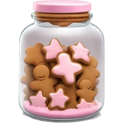 Realistic glass cookie jar with light pink lid full of gingerbread cookies isolated.  sticker