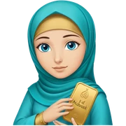 Turkish beautiful finish Konya girl blue eyes with gold hijab and islamic long tailed turquoise dress and had on her hand text Eid Mubarak  sticker