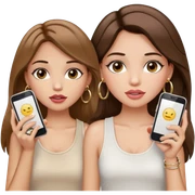 Light skinned girl, long straight and less wavy brown hair center-part with face framing pieces, big hazel eyes, gold hoops, white tank, prominent blush, sassy, big lips, makeup and lip gloss, holding two phone: one talking in one hand and another in another hand sticker