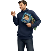 smiling boy with a book sticker