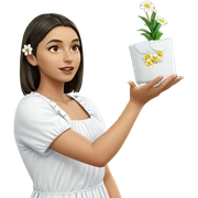 girl in white dress with flower sticker