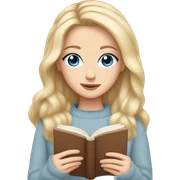 Pretty blue eyed white girl with light pink sweater reading cozy sticker