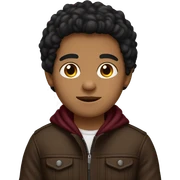 dark hispanic boy, tight to the head black brown hair, brown eyes, brown jacket, burgundy sweater sticker