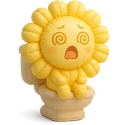 lemon yellow dandelion flower with a shocked face, sitting on a toilet with swirls in the eyes, soft colors, chibi expression sticker