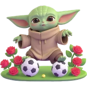 baby Yoda kicking a soccer ball with small roses beside him sticker