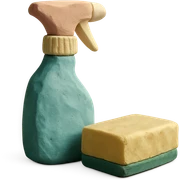 spray bottle and sponge in claymation style, pastel colors, visible fingerprints sticker