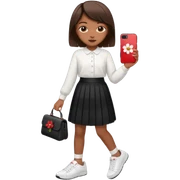 Menina pele parda, cabelo liso médio curto, roupa modesta, blusa branca e saia preta plissada,  tênis branco celular Samsung a06 capinha vermelha, prendendor de cabelo de flor branca sticker
