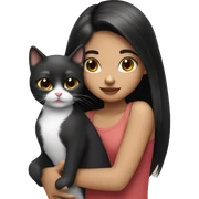 girl with straight black hair cuddling black and white cat with tongue out sticker