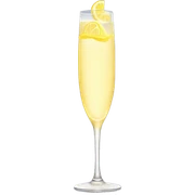 A tall skinny champagne glass with a pale yellow bubbly liquid and lemon swirl garnish  sticker