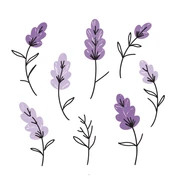 Lilac flowers with branches and leaves in pastel colors (dd9fb0, ffc6d3, a3bfc9, c4bee2, f1b091), hand-drawn doodle style sticker