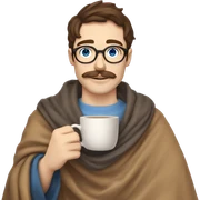brown hair blue eyes moustache and Soul patch pale guy with round glasses drinking tea with blanket on sticker