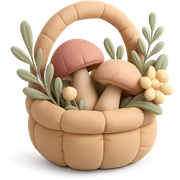 basket full of forest goodies with mushrooms, herbs, flowers in soft pastel colors, cushion style sticker