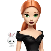  Bunny Wednesday Addams Barbie dancing.  Small Green eyes with light skin face. Longer red hair. black flowing strapless tight evening gown with  plunging neckline that’s off-the-shoulders that also shows her legs and black shiny velvet high heel shoes. sticker