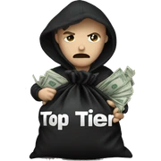Thief wearing all black clothes actively stealing a money bag with the words Top Tier embroidered on it sticker