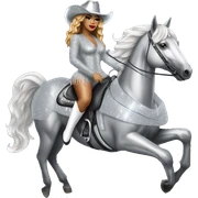 beyoncé in a silver crystal outfit wearing a silver crystal cowboy hat riding a silver shimmery horse sticker