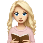 Pretty blue eyed white girl with light pink sweater reading cozy sticker