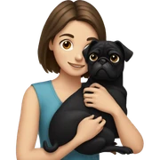 A girl with brown hair hugging a black pug dog sticker