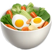 Bowl with sliced vegetables and egg sticker