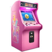 Arcade Machine Emoji "A pastel pink arcade machine with glowing buttons and screen, surrounded by floating sparkles and digital pixel effects." sticker