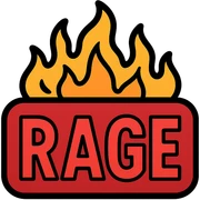 red background that gets darker in the middle, red text 'RAGE' in a different shade from background, fire coming out of the text sticker