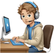 full length of a young man with wavy light brown hair and blue eyes. He is sitting at a desk typing on a computer while wearing headphones sticker