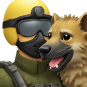 Yellow army Pilot with black mask googles, and then a big hyena kissing him sticker