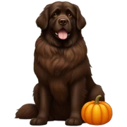 brown newfoundland dog with a pumpkin sticker