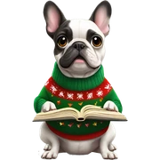 French bulldog wearing a Christmas sweater and holding a songbook, with musical notes floating around sticker