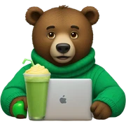 brown bear with a green sweater who is a software programmer and has an apple laptop and a smoothie sticker
