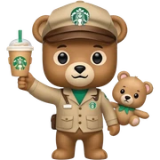 A Funko pop-style bear starbucks worker pointing to the left and holding a plushie with a visor on its head CARTOONISH AND CUTE.  sticker