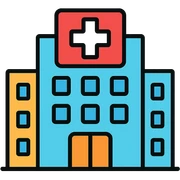 Modern hospital building in Bangkok with medical cross symbol sticker