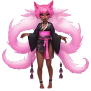 Full body female, succubus kitsune, neon pink eyes, vibrant pink hair, alabaster skin, fluffy black tails, pink tail tips, spiked choker, unique heritage, seductive charm, rebellious spirit, traditional kimonos, spiked anklets, and Barefoot 
 sticker