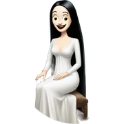 Morticia Addams at home. Smiling. Filmy nightgown . Very Pale-white porcelain skin.  sticker