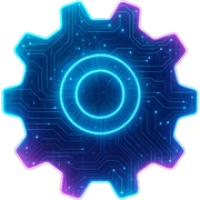 Transform the Windows settings icon (gear) into a cyberpunk, holographic style with glowing neon blue and pink edges, circuit patterns throughout the entire icon, and a transparent background. Maintain the recognizable gear shape, overlaying neon and circuit effects in a consistent futuristic, clean cyberpunk glow style with intricate circuit details. sticker