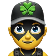 Human looking Bumblebee with blue human eyes , grey vandyke , black baseball cap with a four leaf clover on the front of the cap sticker